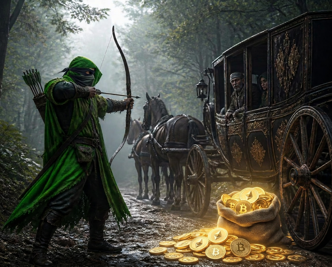 3D render of a horse-drawn chaise stopped by Robin Hood in a green cloak, with a bag of gold coins spilling beside the carriage